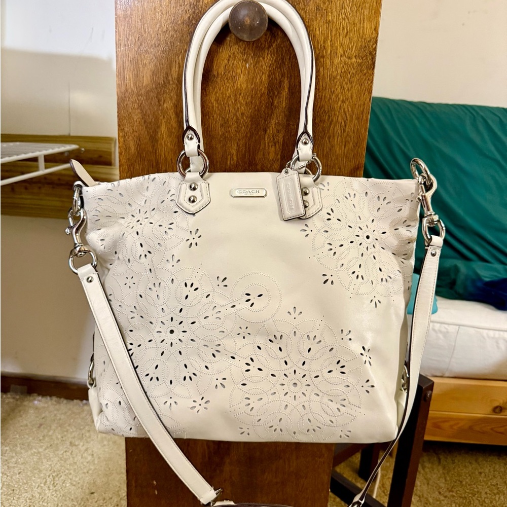 Coach White Floral Laser Cutout Handbag